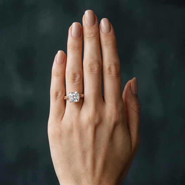 Rose gold Cushion Solitaire Diamond Engagement Ring with XO Engraved Band and Four-Prong Setting