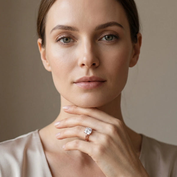Rose gold Cushion Solitaire Diamond Engagement Ring with XO Engraved Band and Four-Prong Setting