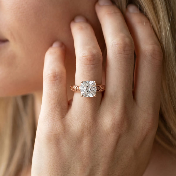Rose gold Cushion Solitaire Diamond Engagement Ring with XO Engraved Band and Four-Prong Setting