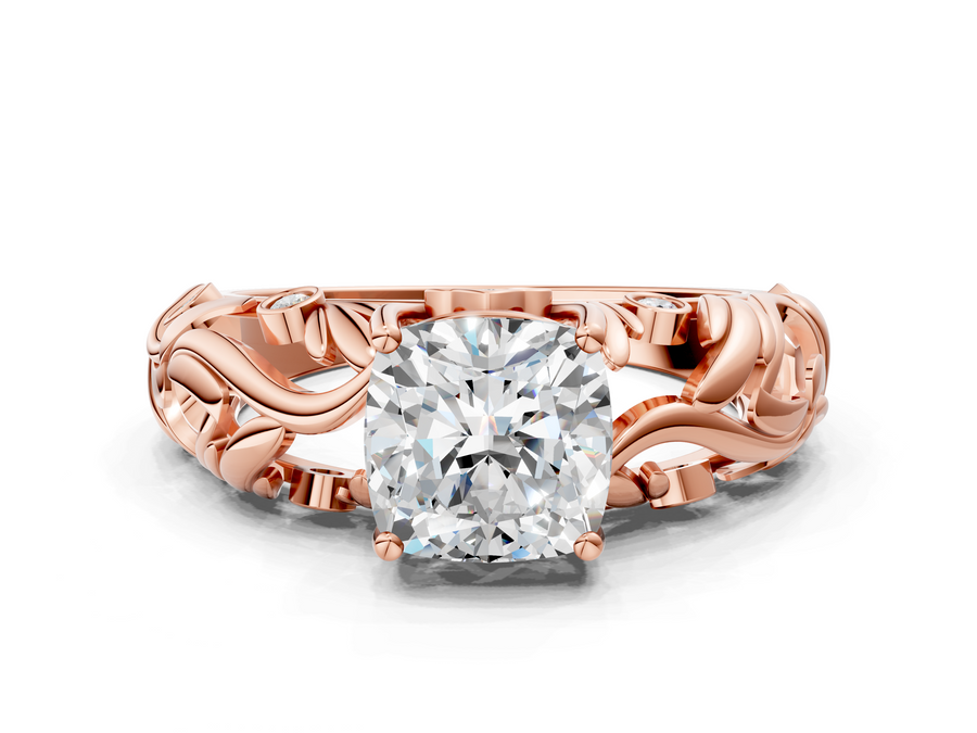 Rose gold Cushion Cut Solitaire Diamond Leaf-Inspired Vine Band Ring with Prong Setting