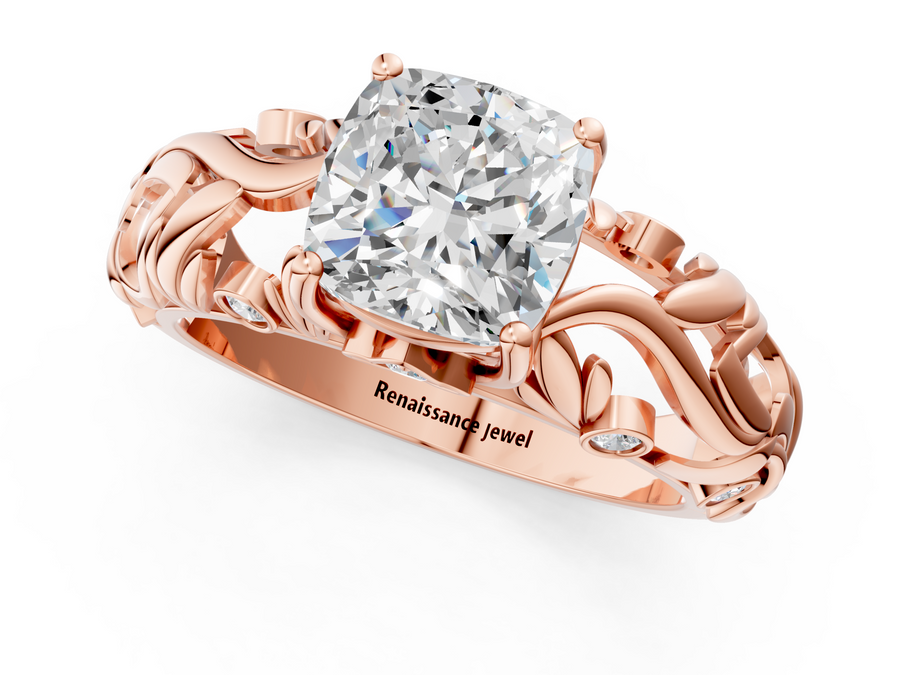 Rose gold Cushion Cut Solitaire Diamond Leaf-Inspired Vine Band Ring with Prong Setting