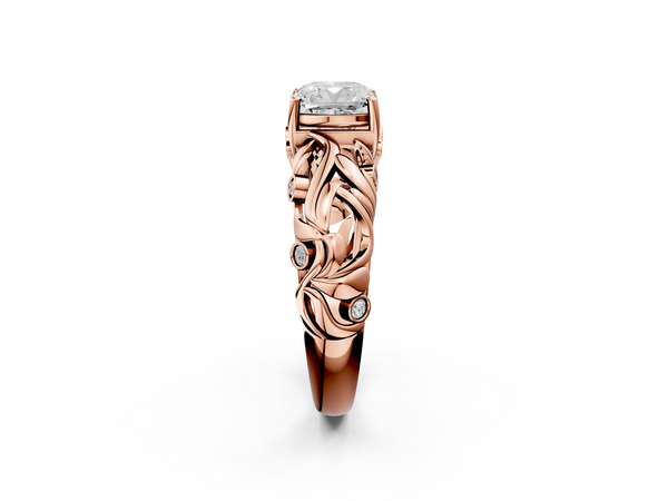 Rose gold Cushion Cut Solitaire Diamond Leaf-Inspired Vine Band Ring with Prong Setting