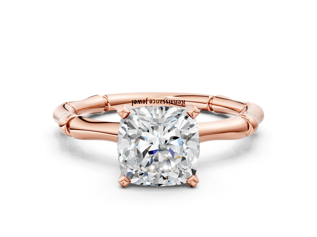 Rose gold Cushion Solitaire Diamond Ring with Bamboo Band and Four-Prong Setting_38