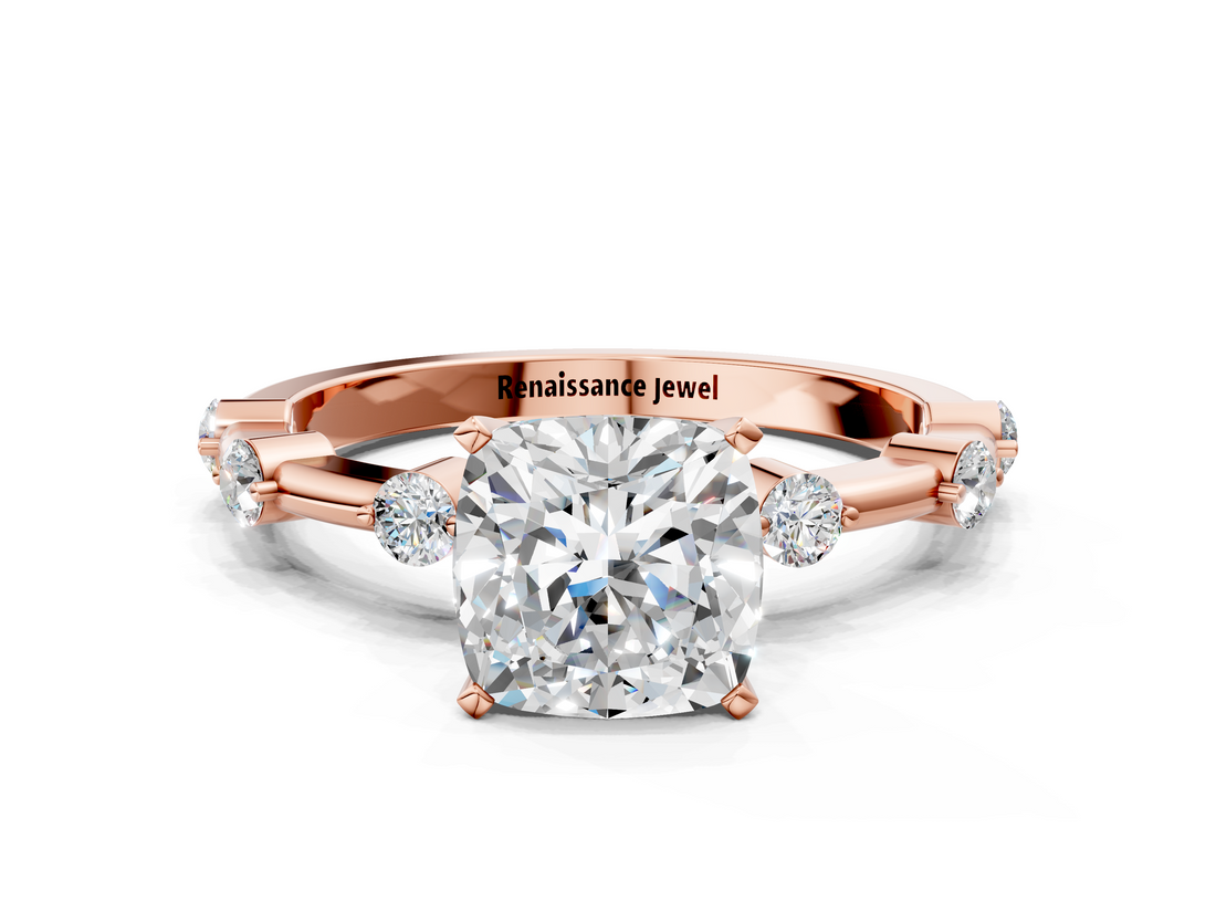 Rose gold Cushion Solitaire Diamond Ring with Bezel Set Side Stones and Prong Setting_25