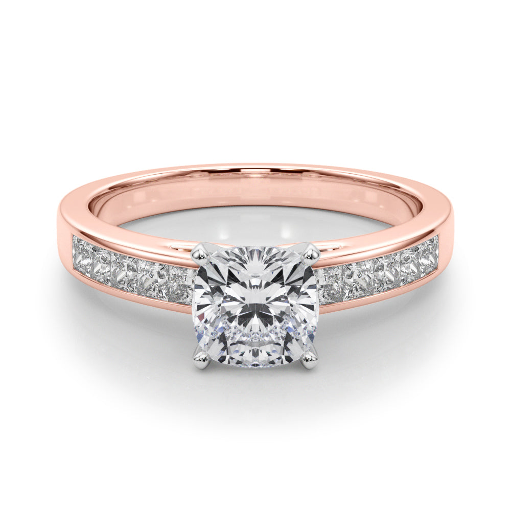 Rose gold Cushion Solitaire Diamond Ring with Channel-Set Band and Four-Prong Setting 1