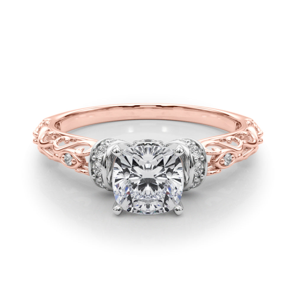 Rose gold Cushion Solitaire Diamond Ring with Filigree Band and Four-Prong Setting 1