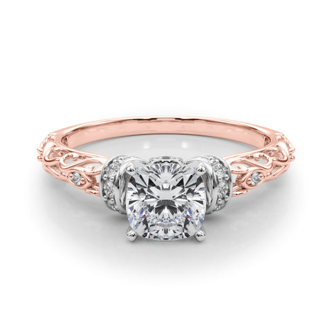 Rose gold Cushion Solitaire Diamond Ring with Filigree Band and Four-Prong Setting 1
