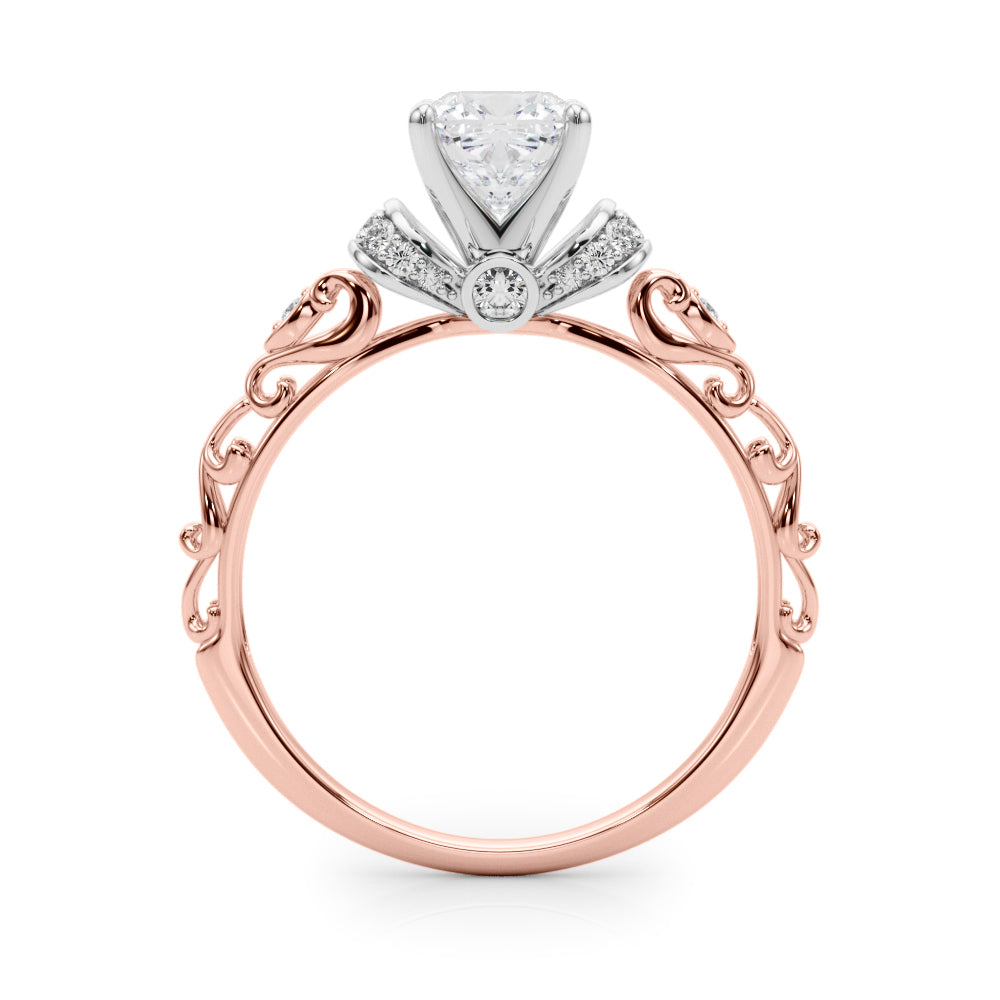 Rose gold Cushion Solitaire Diamond Ring with Filigree Band and Four-Prong Setting 2