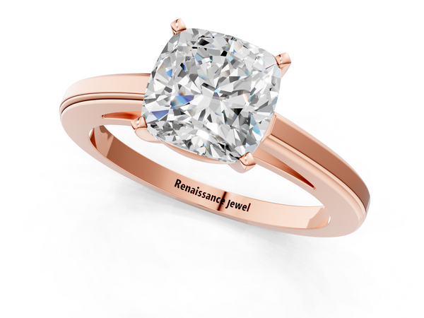 Rose gold Cushion Solitaire Diamond Ring with Four-Prong Setting and Classic Band