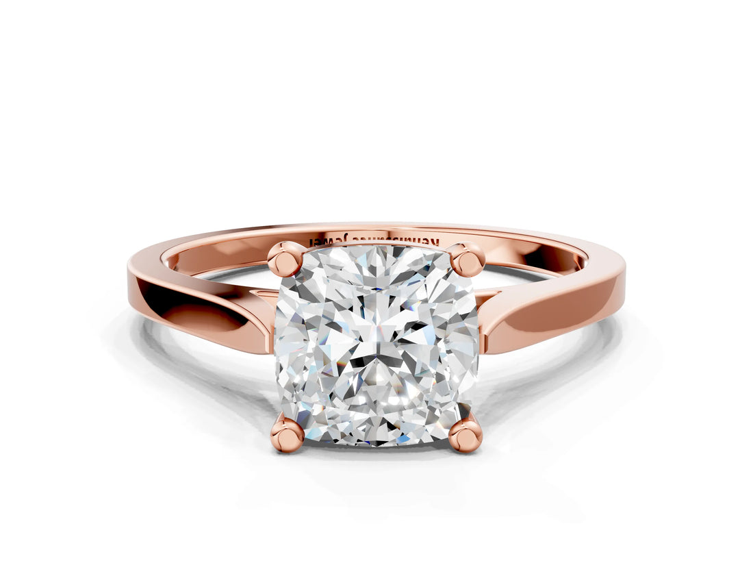 Rose gold Cushion Solitaire Diamond Ring with Four-Prong Setting and Tapered Band