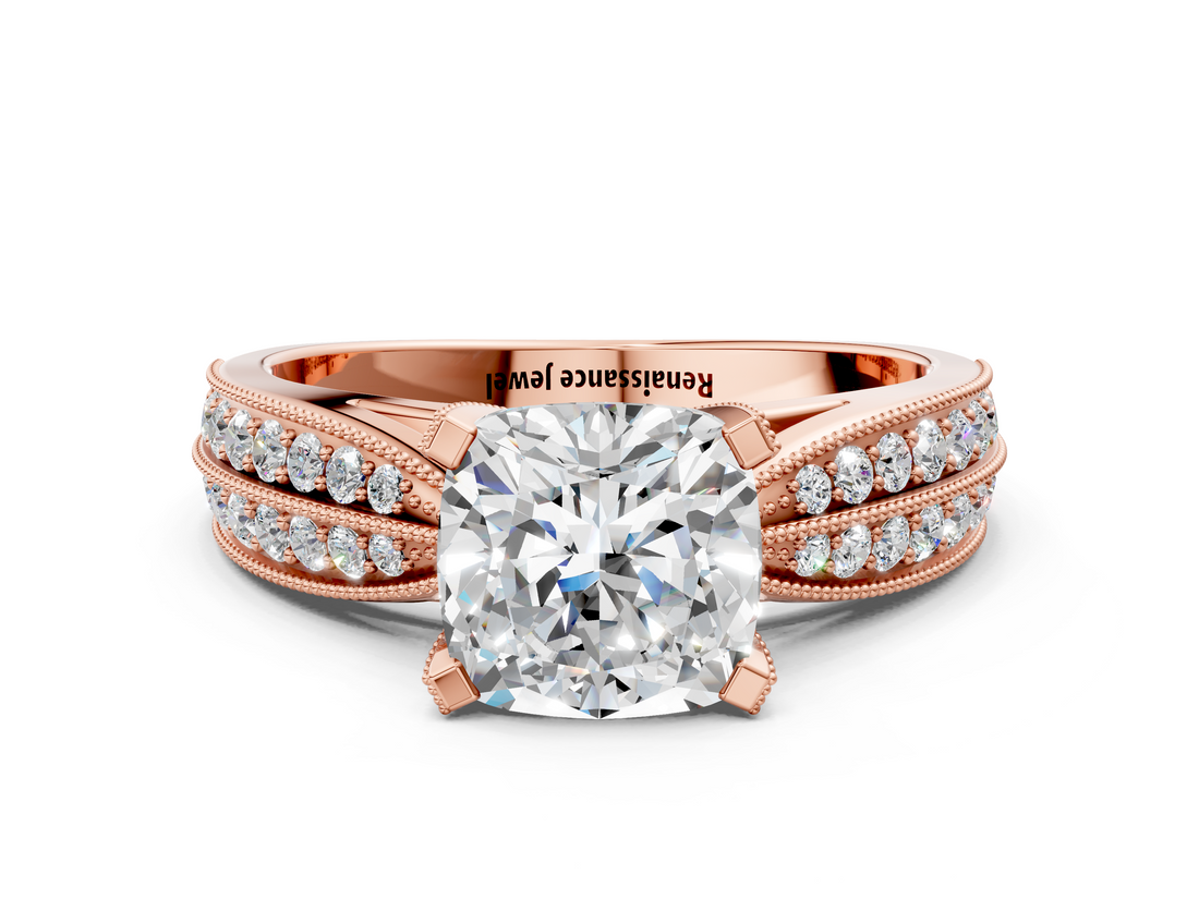 Rose gold Cushion Solitaire Diamond Ring with Milgrain Pavé Band and Four-Prong Setting_106