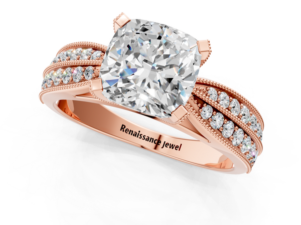 Rose gold Cushion Solitaire Diamond Ring with Milgrain Pavé Band and Four-Prong Setting