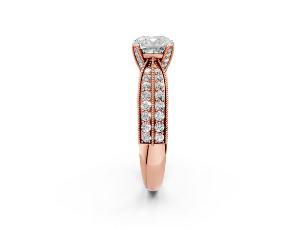 Rose gold Cushion Solitaire Diamond Ring with Milgrain Pavé Band and Four-Prong Setting