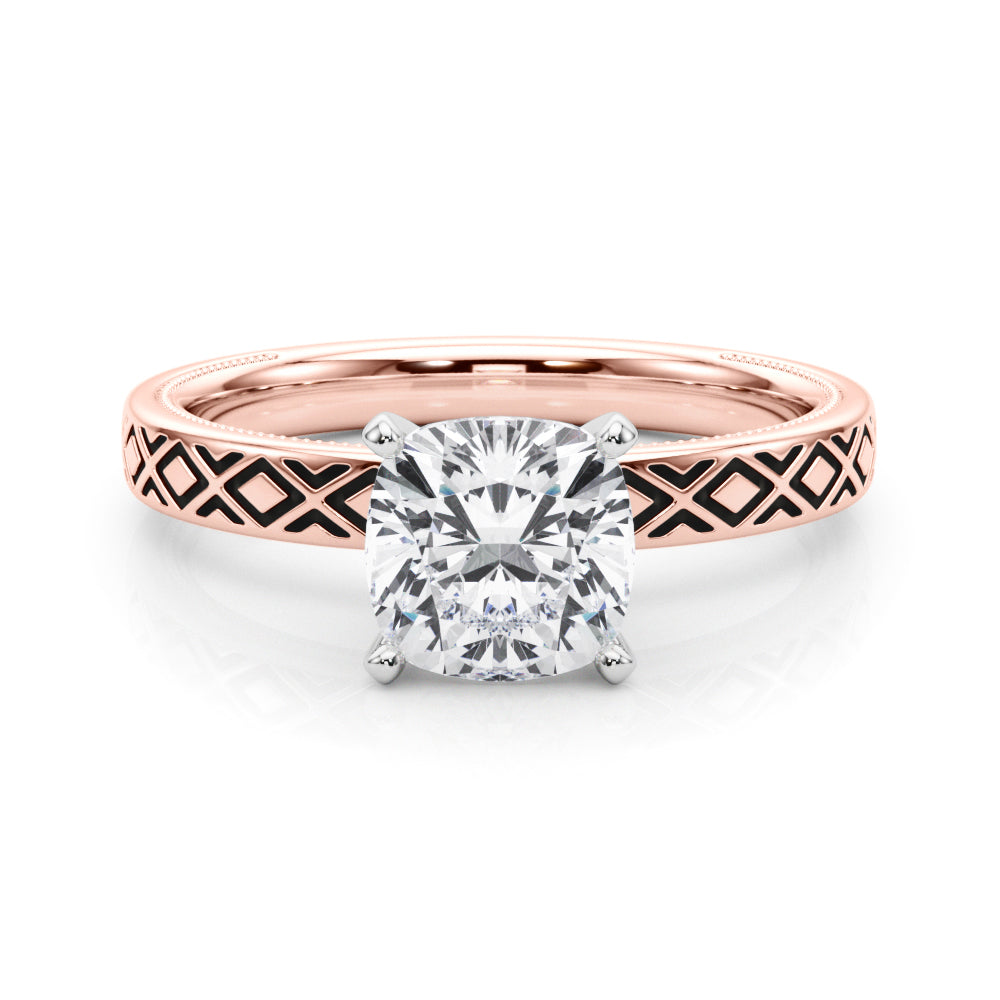 Rose gold Cushion Solitaire Diamond Ring with Milgrain and Black Enamel X Pattern Band 1