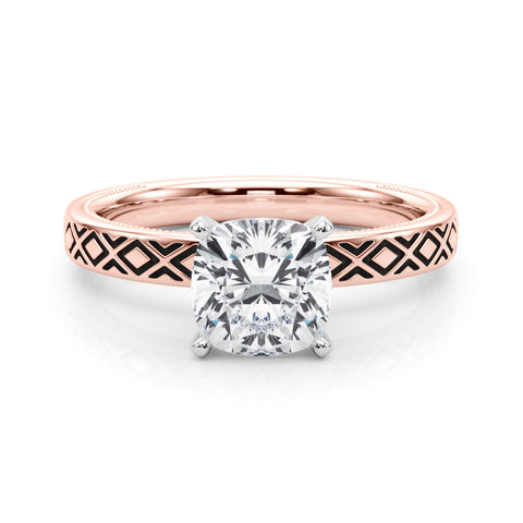 Rose gold Cushion Solitaire Diamond Ring with Milgrain and Black Enamel X Pattern Band 1