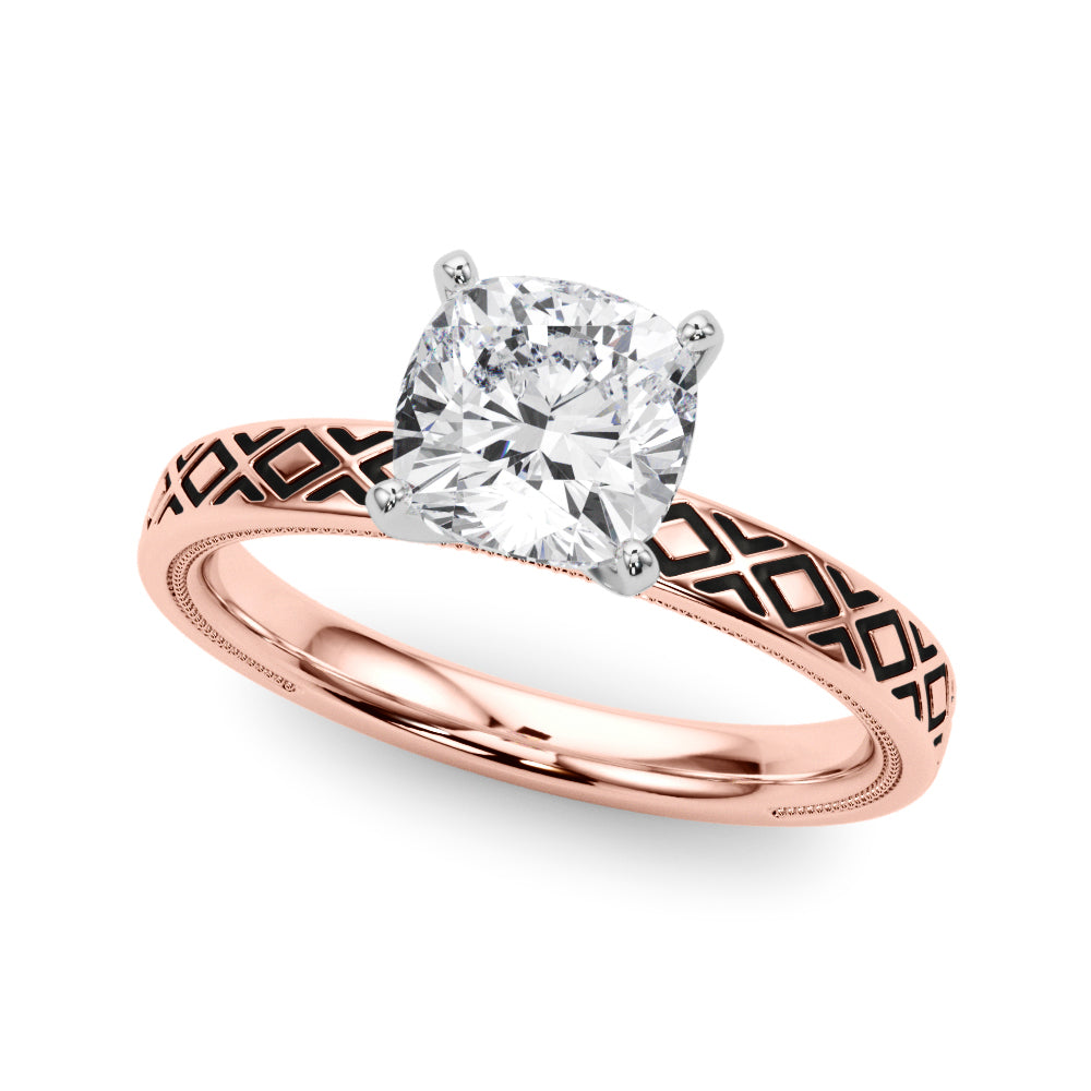 Rose gold Cushion Solitaire Diamond Ring with Milgrain and Black Enamel X Pattern Band