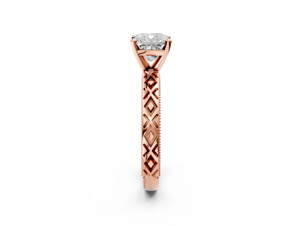 Rose Gold Cushion Cut Vintage Solitaire Engagement Ring Setting with Milgrain X Pattern Band