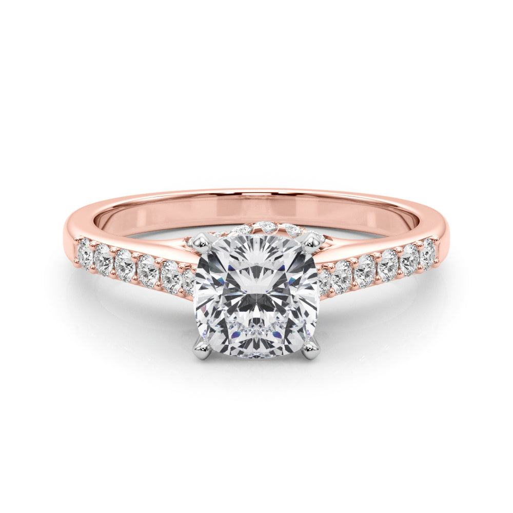 Rose gold Cushion Solitaire Diamond Ring with Pavé Band and Four-Prong Setting 1