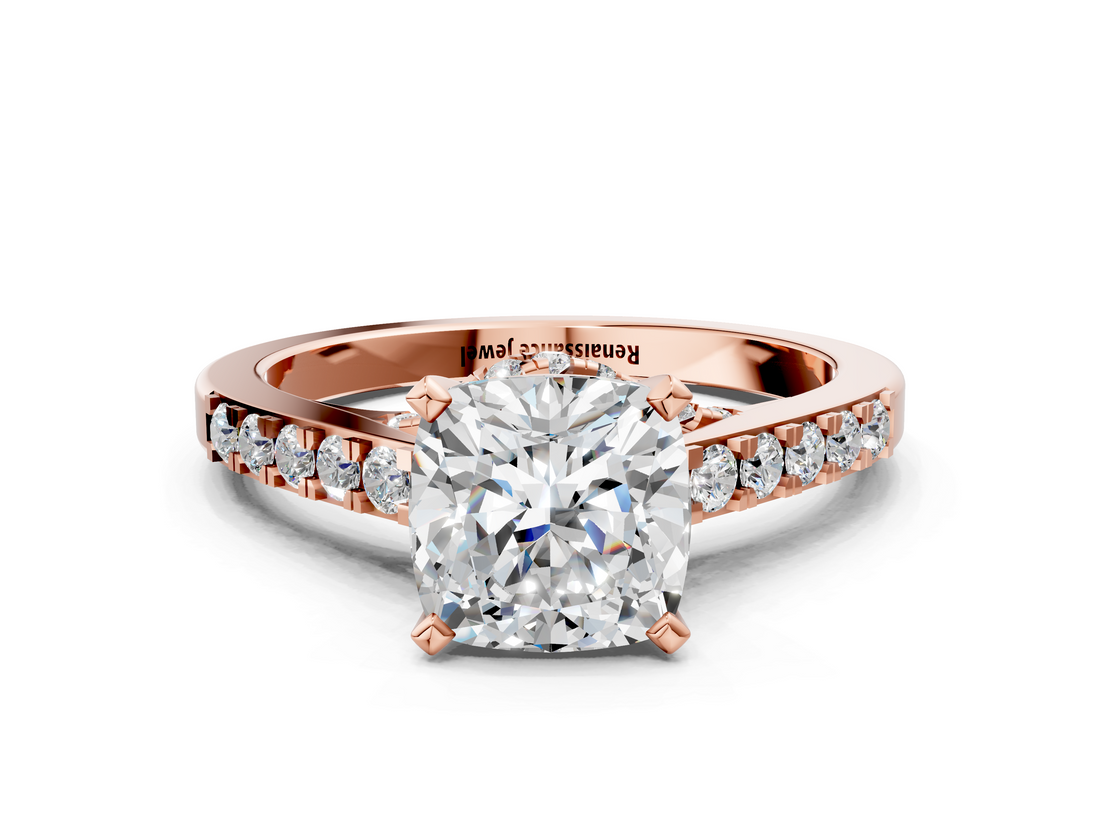 Rose gold Cushion Solitaire Diamond Ring with Pavé Band and Four-Prong Setting_105