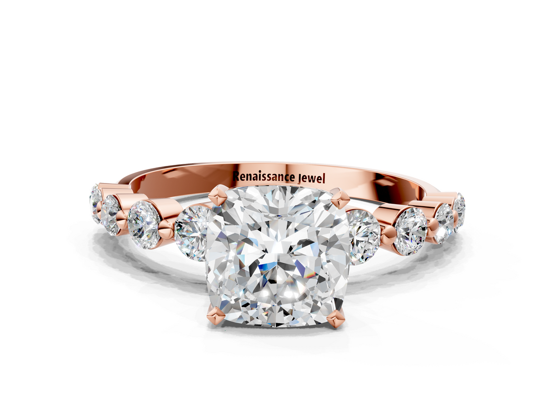 Rose gold Cushion Solitaire Diamond Ring with Pave Band and Four-Prong Setting_269