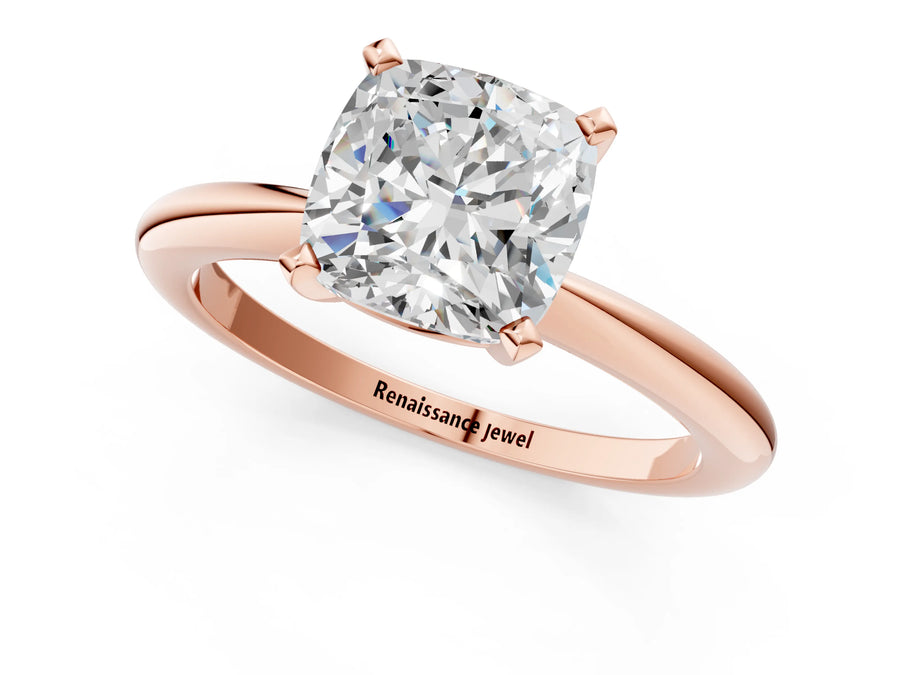 Rose gold Cushion Cut Diamond Solitaire Ring with Six-Prong Setting and Classic Band