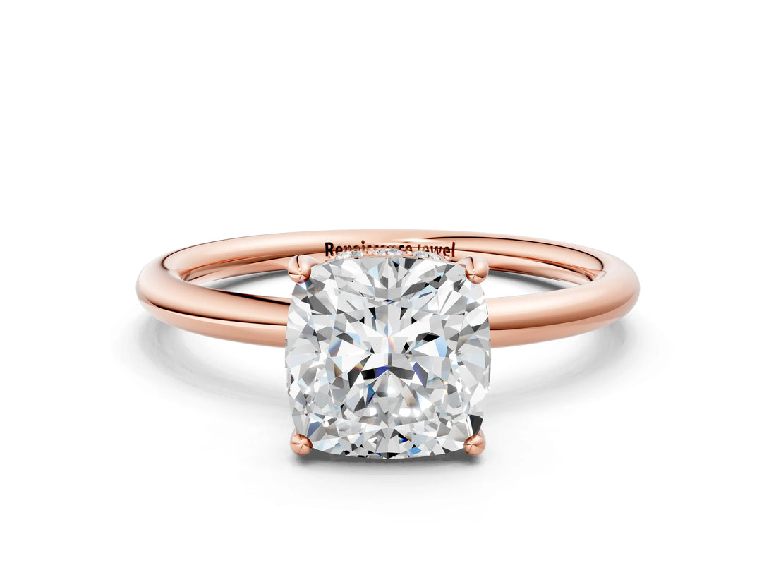 Rose gold Cushion Solitaire Diamond Ring with a Classic Band and Four-Prong Setting