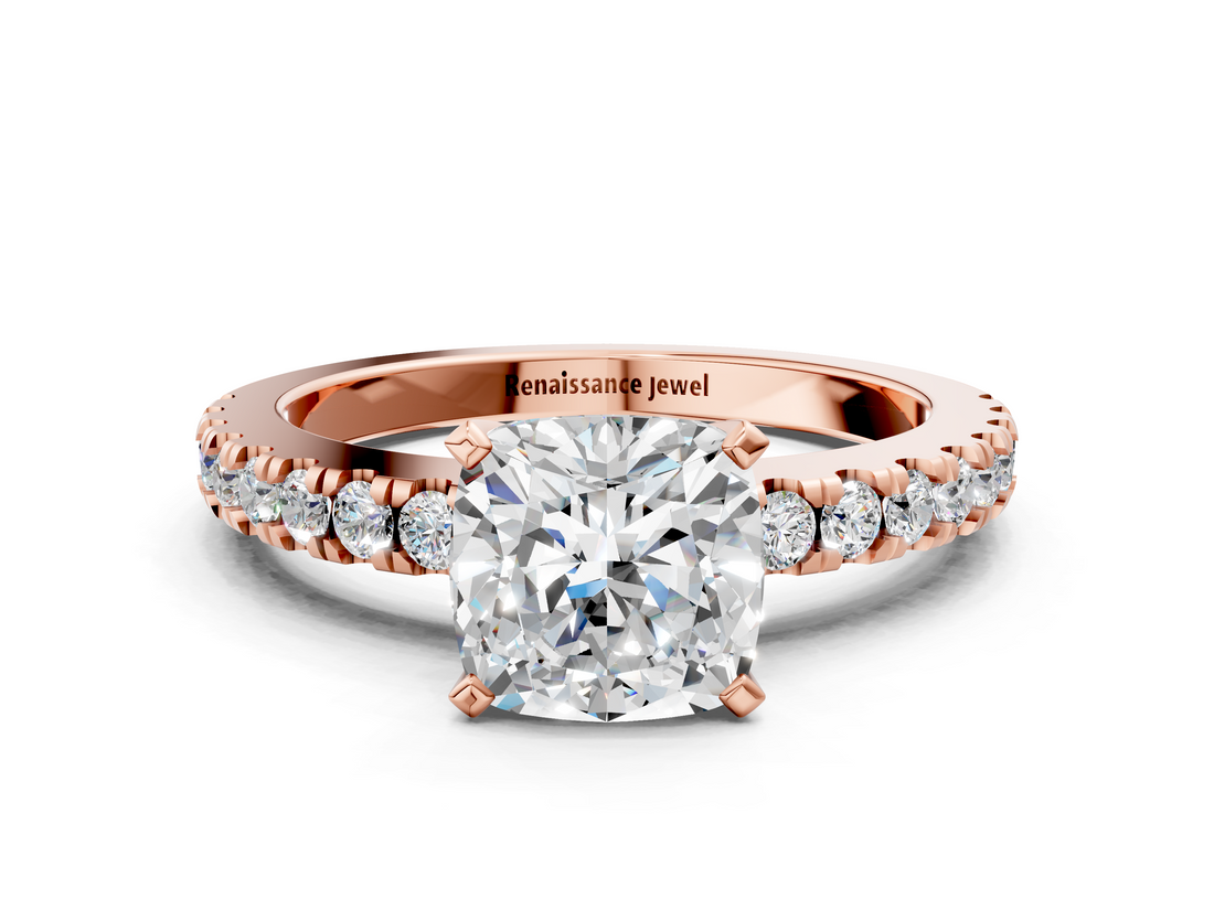 Rose gold Cushion Solitaire Diamond with Pavé Band and Four-Prong Setting_40