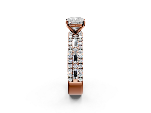 Rose Gold Cushion Cut Baguette Side Stone Engagement Ring Setting with Pave and Channel Band