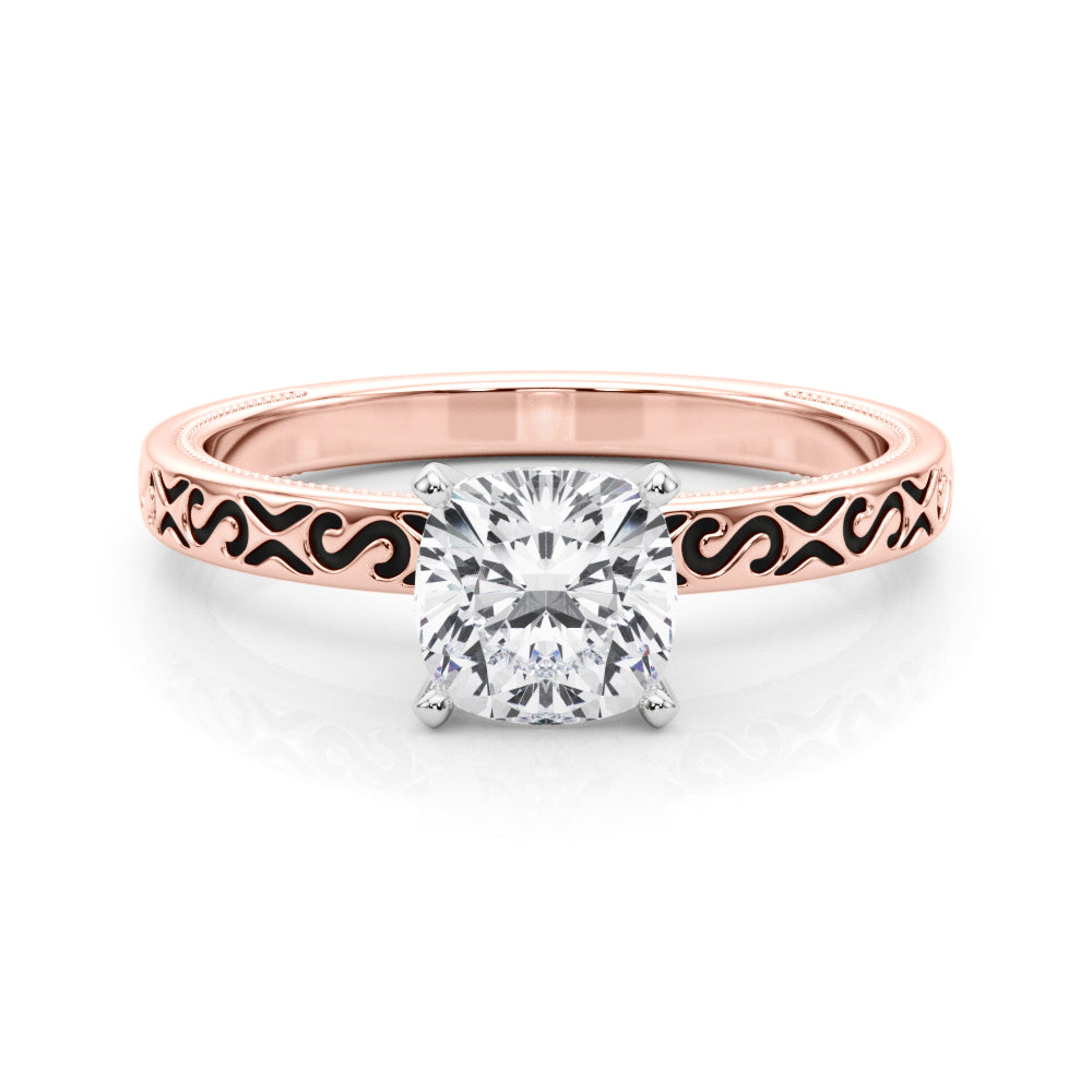 Rose gold Cushion Solitaire Engagement Ring with Scrollwork Band and Four-Prong Setting 1