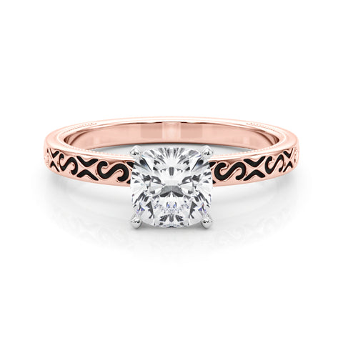 Rose gold Cushion Solitaire Engagement Ring with Scrollwork Band and Four-Prong Setting 1