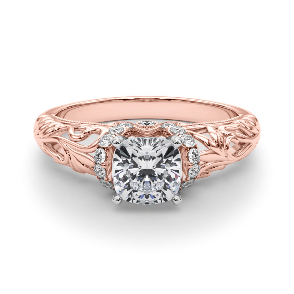 Rose gold Cushion Solitaire Filigree Engagement Ring with Halo and Prong Setting 1