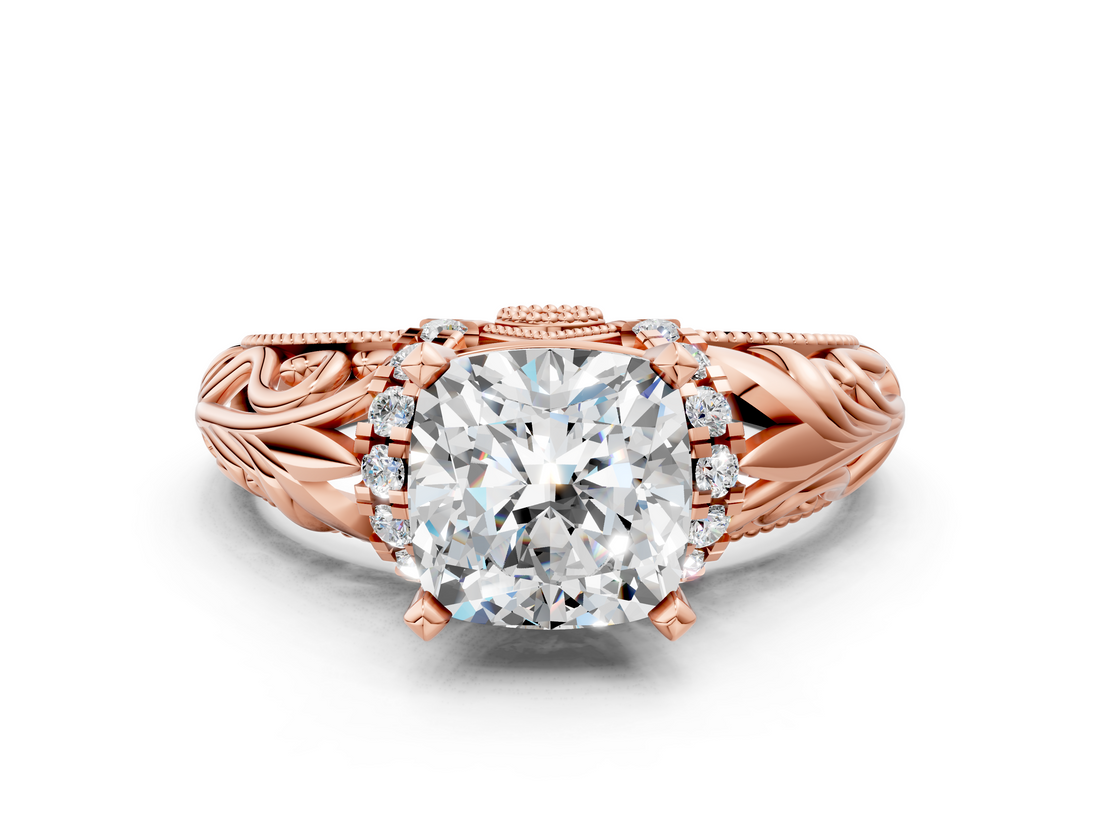 Rose gold Cushion Solitaire Filigree Engagement Ring with Halo and Prong Setting_80