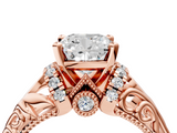 Rose gold Cushion Solitaire Filigree Engagement Ring with Halo and Prong Setting_84