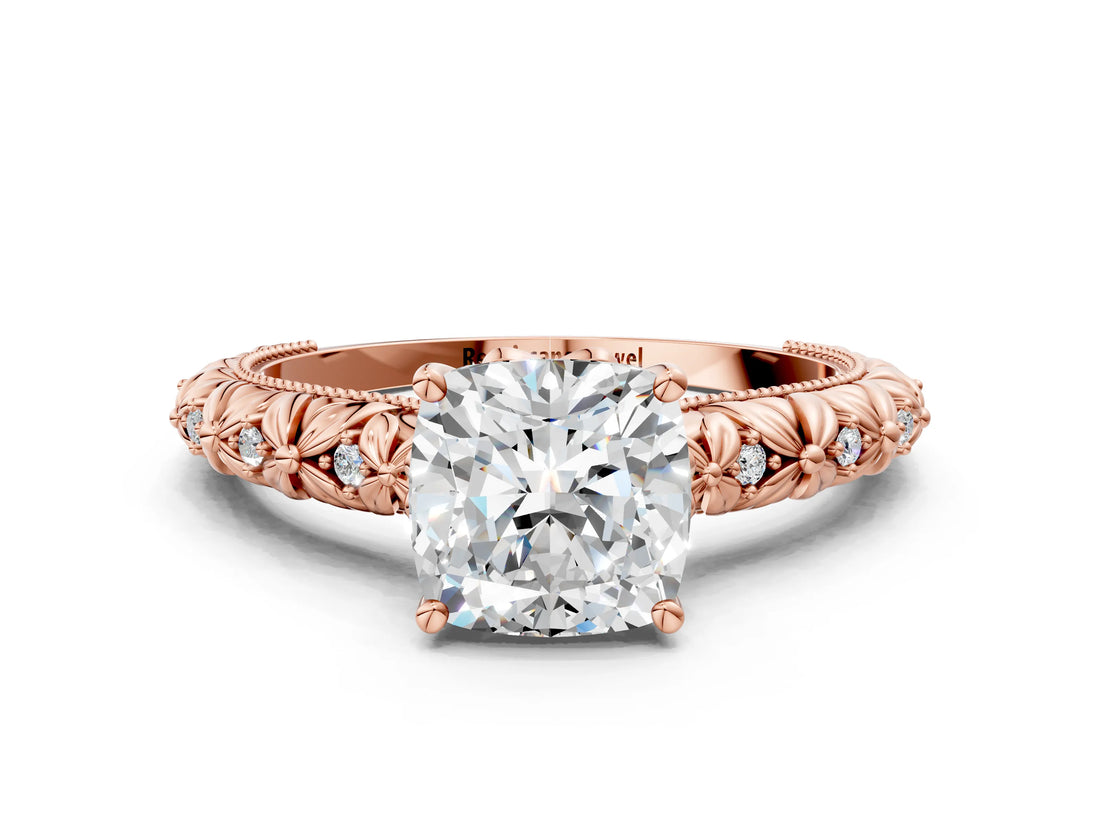 Rose gold Cushion Solitaire Floral Milgrain Engagement Ring_31