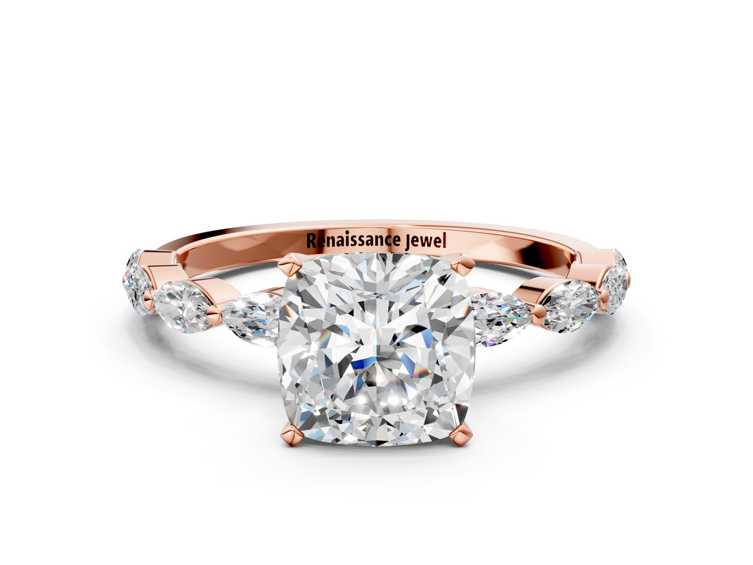 Rose gold Cushion Solitaire Marquise Side Stone Prong Setting Ring_51
