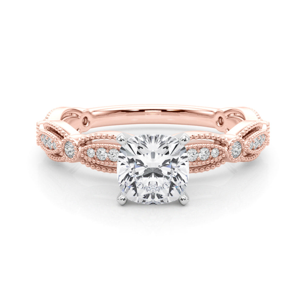 Rose gold Cushion Solitaire Milgrain Diamond Engagement Ring with Bezel and Marquise Band 1