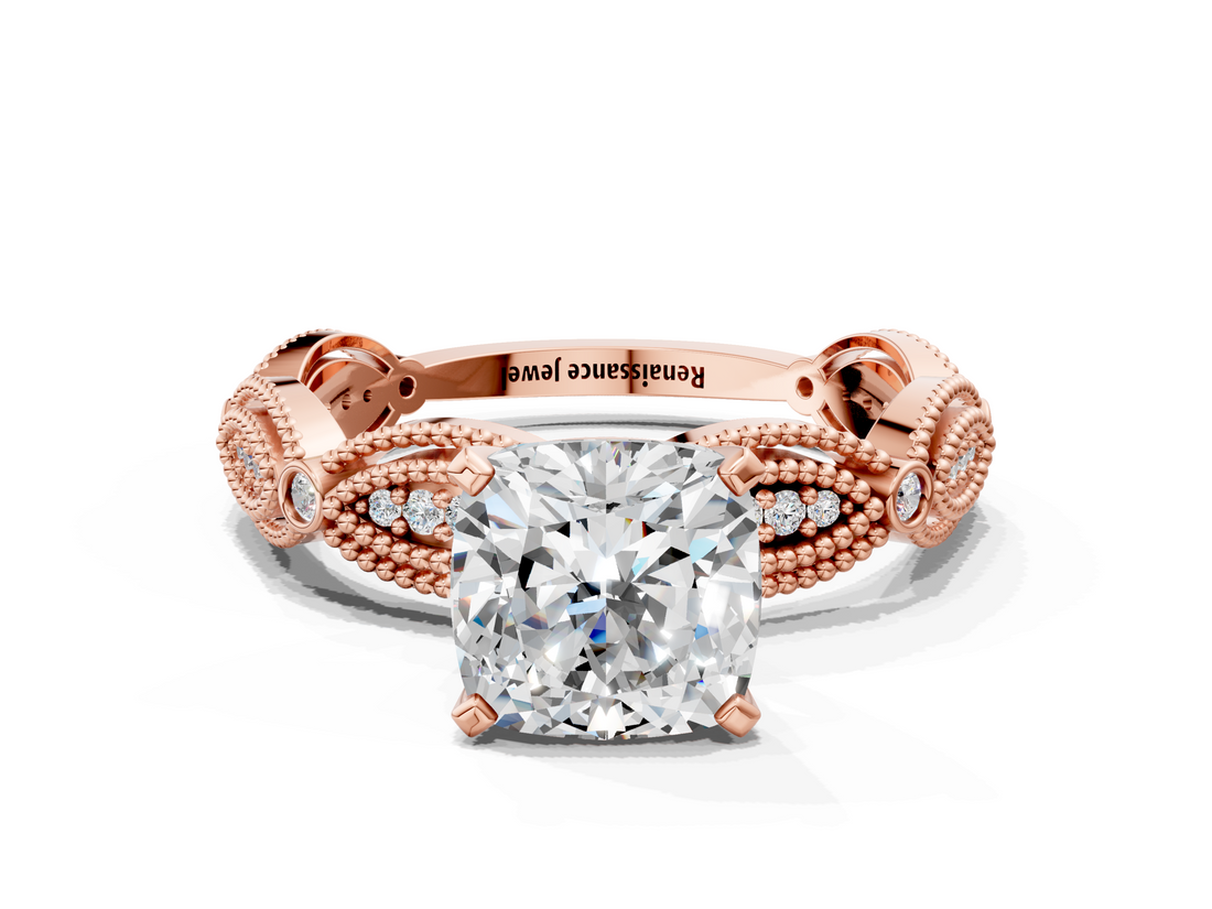 Rose gold Cushion Solitaire Milgrain Diamond Engagement Ring with Bezel and Marquise Band_76