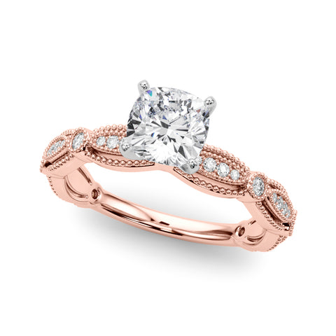 Rose gold Cushion Solitaire Milgrain Diamond Engagement Ring with Bezel and Marquise Band
