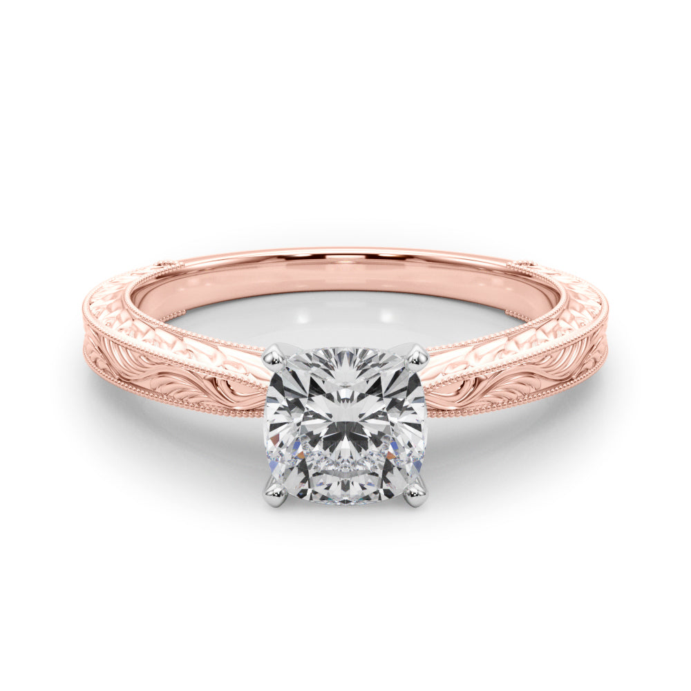 Rose gold Cushion Solitaire Milgrain Engraved Band with Four-Prong Setting 1