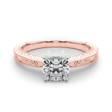 Rose gold Cushion Solitaire Milgrain Engraved Band with Four-Prong Setting 1