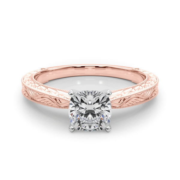 Rose gold Cushion Solitaire Milgrain Engraved Band with Four-Prong Setting