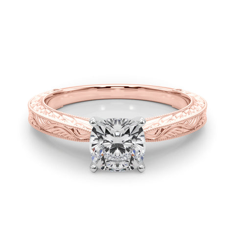 Rose gold Cushion Solitaire Milgrain Engraved Band with Four-Prong Setting 1