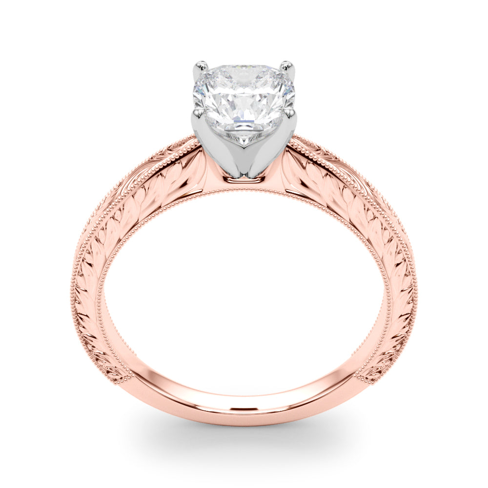 Rose gold Cushion Solitaire Milgrain Engraved Band with Four-Prong Setting 2