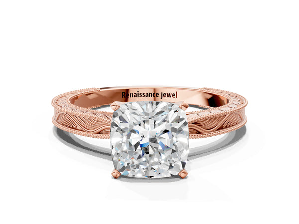 Rose gold Cushion Solitaire Milgrain Engraved Band with Four-Prong Setting