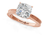 Rose gold Cushion Solitaire Milgrain Engraved Band with Four-Prong Setting_13
