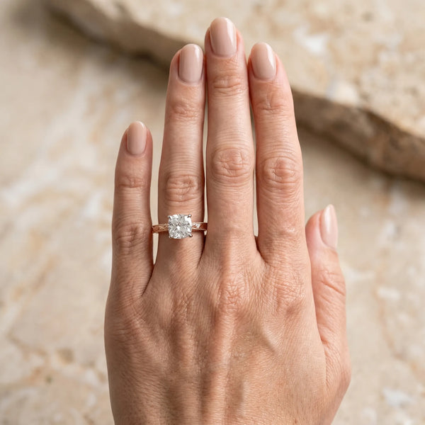 Rose gold Cushion Solitaire Milgrain Engraved Band with Four-Prong Setting
