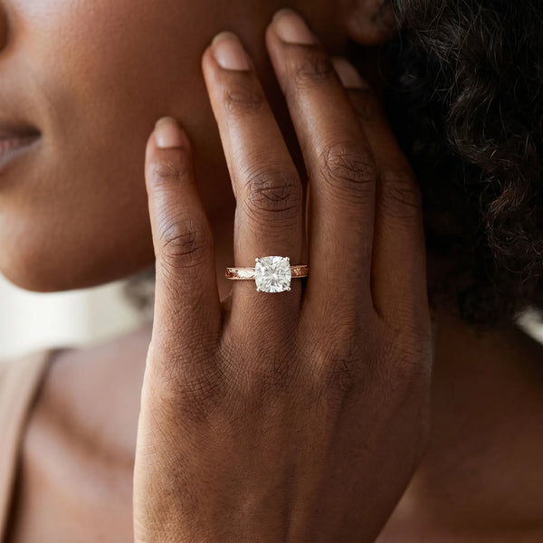 Rose gold Cushion Solitaire Milgrain Engraved Band with Four-Prong Setting
