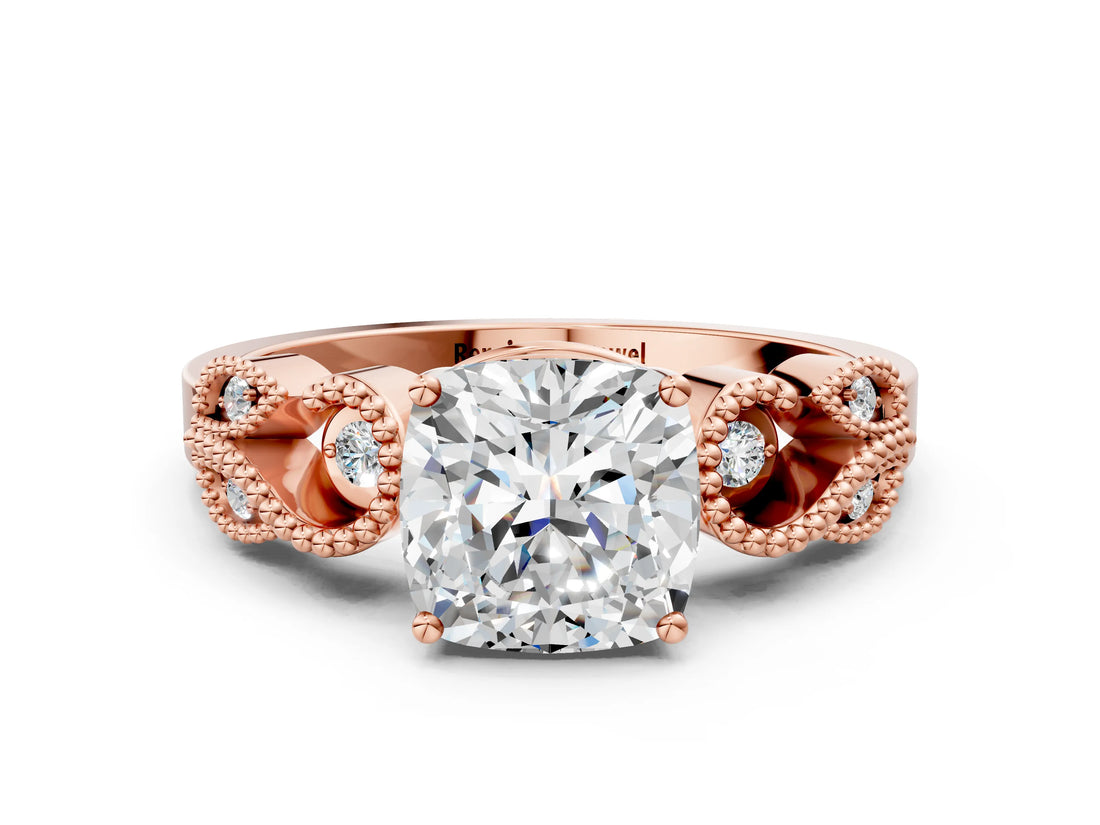 Rose gold Cushion Solitaire Milgrain Leaf Band with Prong Setting_3
