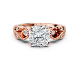Rose gold Cushion Solitaire Milgrain Leaf Band with Prong Setting_3