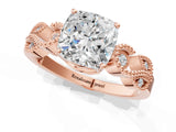 Rose gold Cushion Solitaire Milgrain Leaf Band with Prong Setting_4